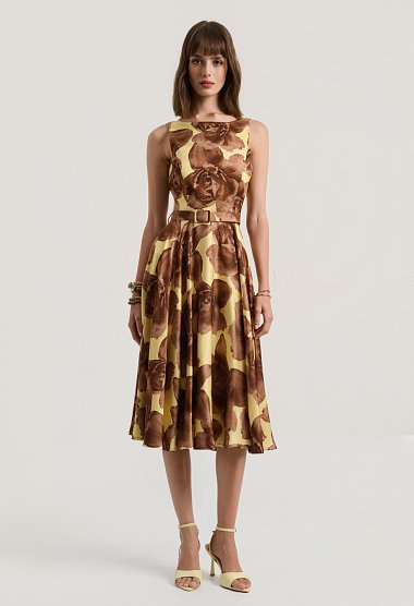 Floral midi dress with a belt and V-back