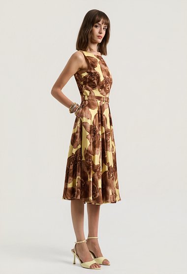 Floral midi dress with a belt and V-back