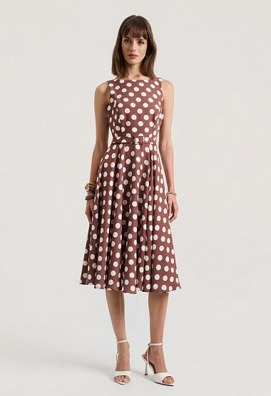 Midi polka dot dress with a belt and V-back