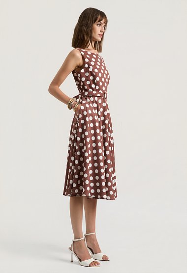 Midi polka dot dress with a belt and V-back