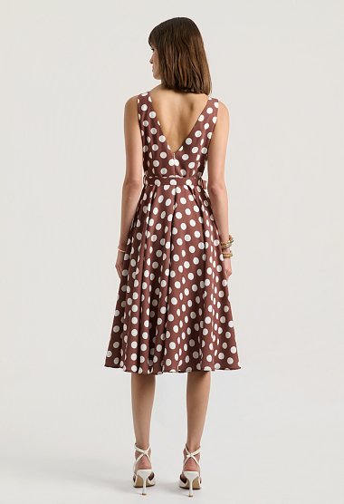 Midi polka dot dress with a belt and V-back