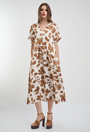Λευκό midi φόρεμα με καφέ floral print