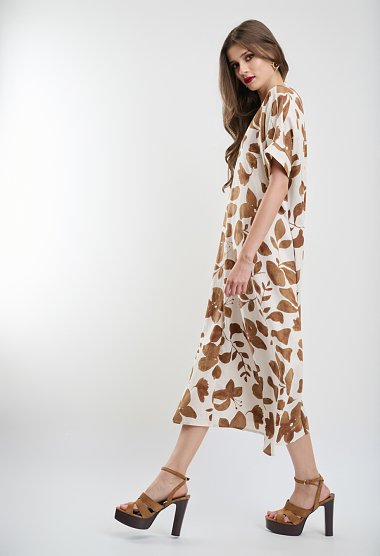Λευκό midi φόρεμα με καφέ floral print