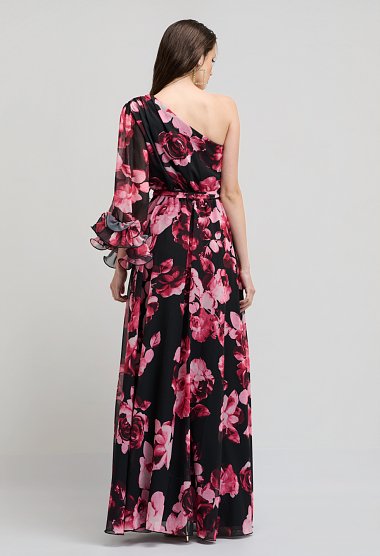 Floral maxi αμπιγιέ φόρεμα one shoulder με ζώνη