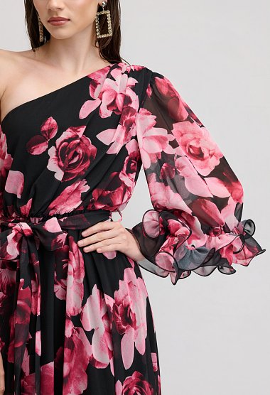 Floral maxi αμπιγιέ φόρεμα one shoulder με ζώνη