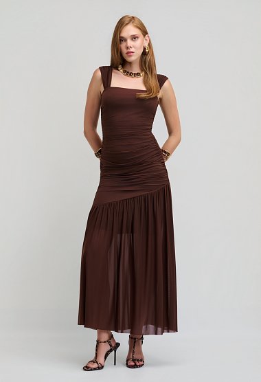 Midi tulle evening dress with ruching