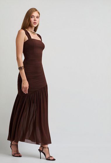 Midi tulle evening dress with ruching