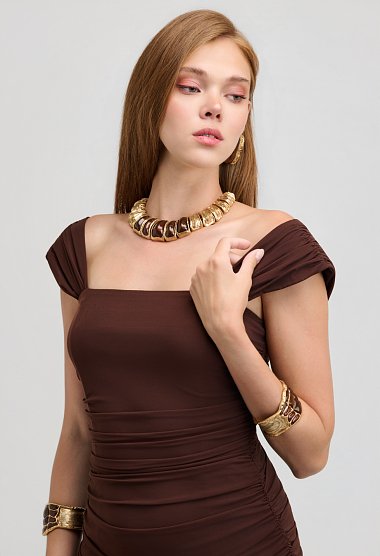 Midi tulle evening dress with ruching