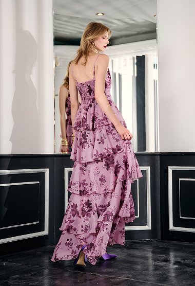 Floral maxi dress with spaghetti straps and ruffle details