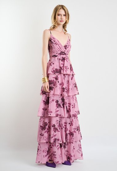 Floral maxi dress with spaghetti straps and ruffle details