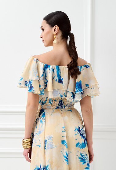 Floral top με βολάν και έξω ώμους