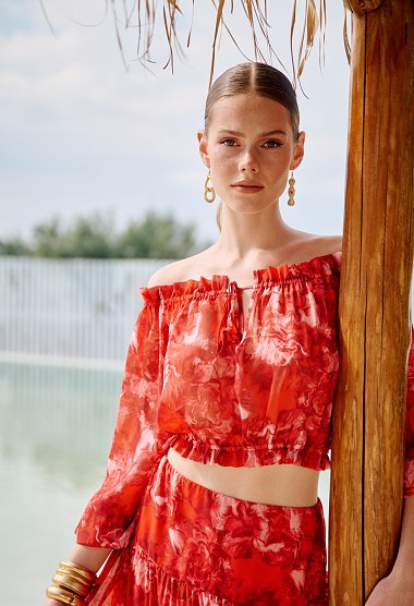 Floral off-shoulder crop top with long sleeves