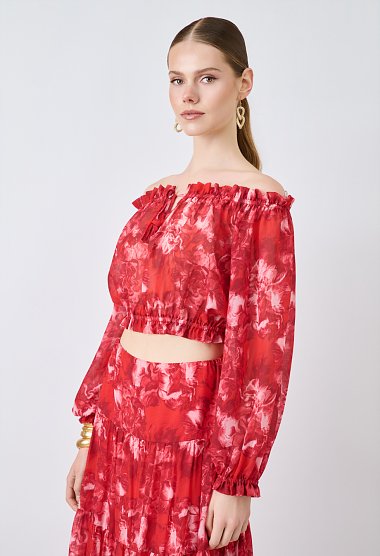 Floral off-shoulder crop top with long sleeves