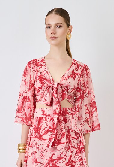 Floral tie-front top με βολάν στα μανίκια