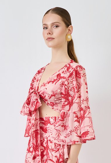Floral tie-front top με βολάν στα μανίκια