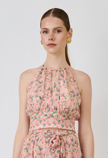 Floral halter crop top με σούρες