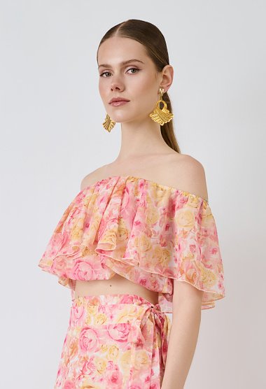 Floral off-shoulder crop top με βολάν