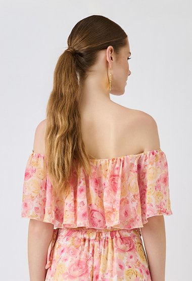 Floral off-shoulder crop top με βολάν