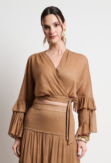 Brown wrap crop top with ruffled sleeves