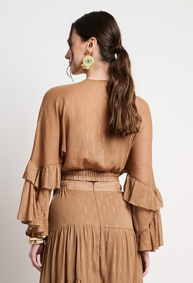 Brown wrap crop top with ruffled sleeves