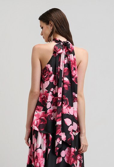 Floral satin halter top με δέσιμο