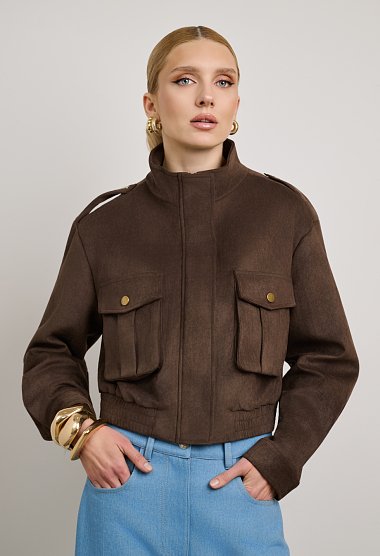 Suede cropped jacket with high neck