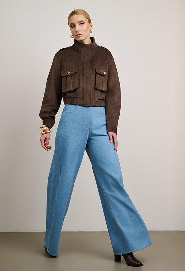 Suede cropped jacket with high neck