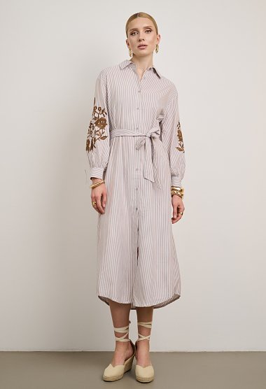 Striped midi shirt dress with embroidery