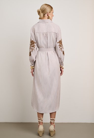Striped midi shirt dress with embroidery
