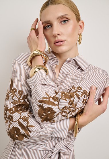 Striped midi shirt dress with embroidery