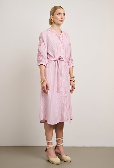 Striped dress with embroidery and belt
