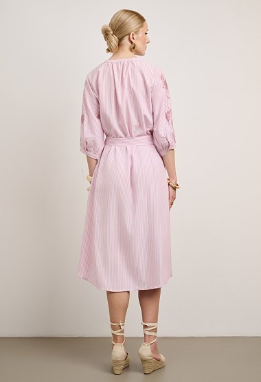 Striped dress with embroidery and belt