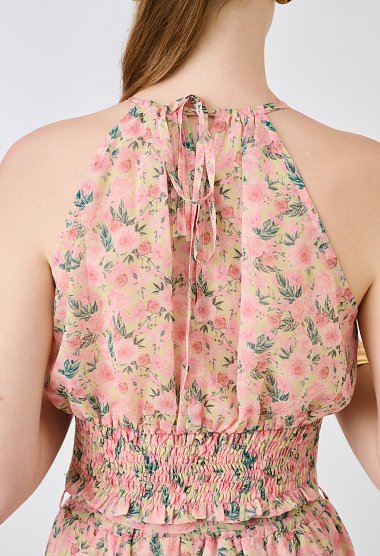 Floral halter crop top με σούρες