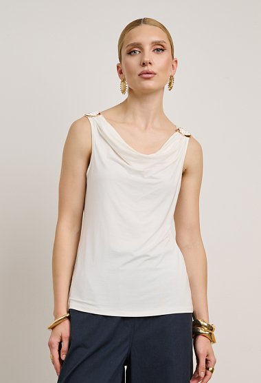 Sleeveless draped top with metallic details