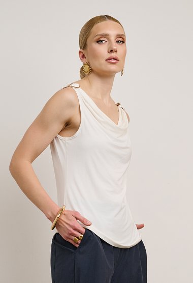 Sleeveless draped top with metallic details