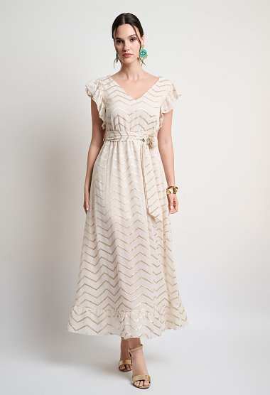 Maxi dress with gold embroidery and ruffles