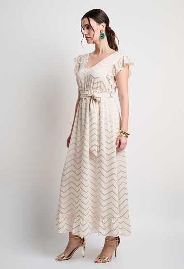 Maxi dress with gold embroidery and ruffles