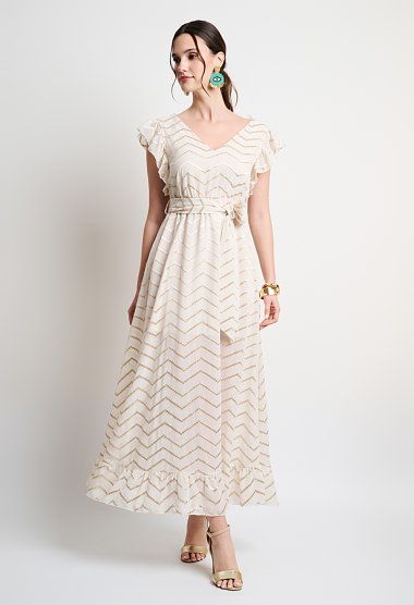 Maxi dress with gold embroidery and ruffles