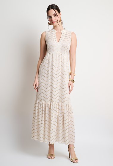 Maxi dress with gold embroidery and ruffled hem