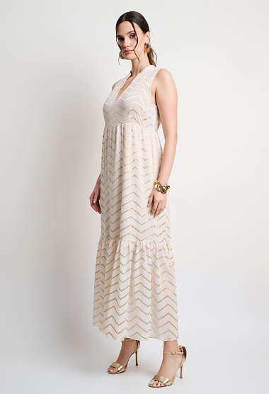 Maxi dress with gold embroidery and ruffled hem