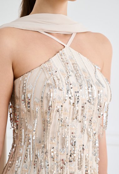 Midi evening dress with sequins and straps