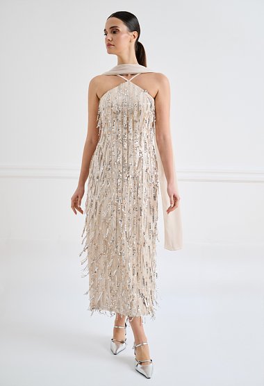 Midi evening dress with sequins and straps