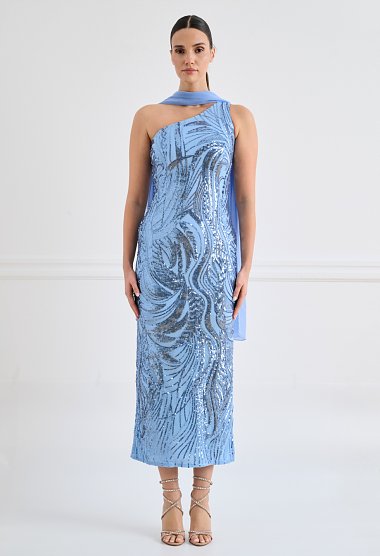 One-shoulder midi dress with sequins and a matching scarf