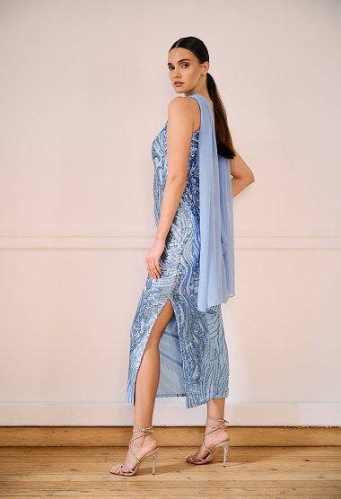 One-shoulder midi dress with sequins and a matching scarf