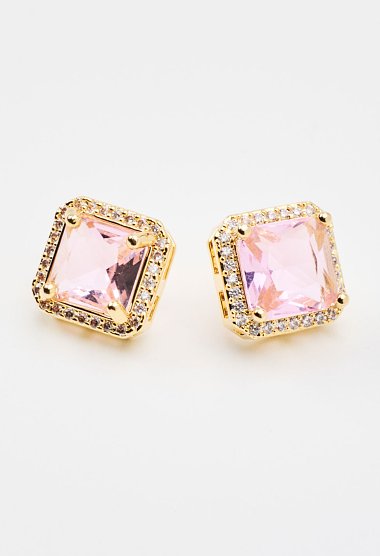 Square earrings with a pink stone and crystal details
