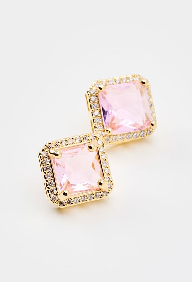 Square earrings with a pink stone and crystal details