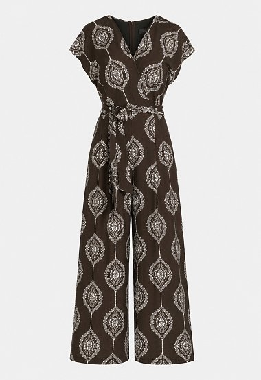 Ολόσωμη φόρμα κρουαζέ με ethnic print σε καφέ απόχρωση