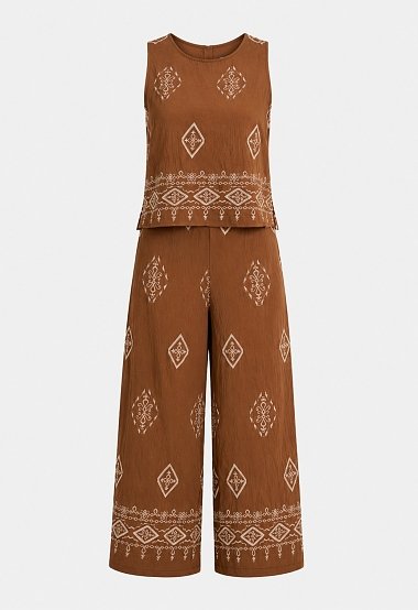 Boho printed set featuring a top and wide-leg trousers in brown tones