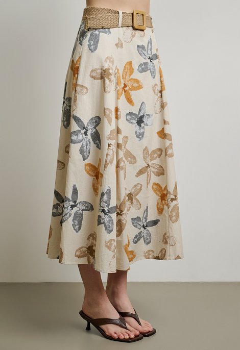 Midi floral A-line skirt with straw belt