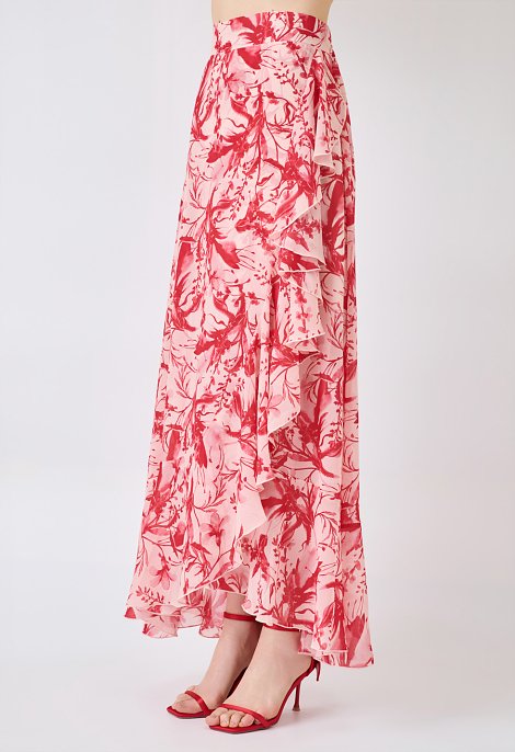 Maxi wrap skirt with print and ruffles